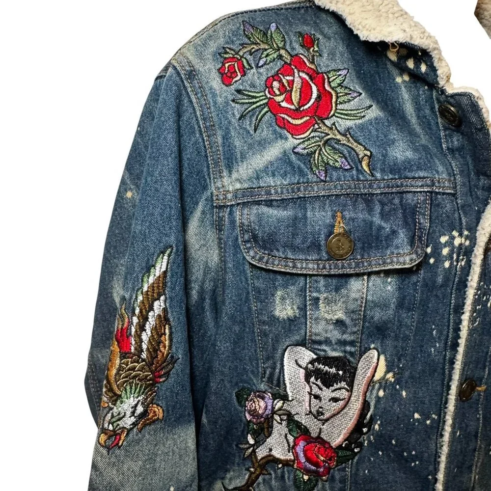Reason Denim Sherpa Trucker Jacket Death Before Dishonor Embroidered Tattoo sz L